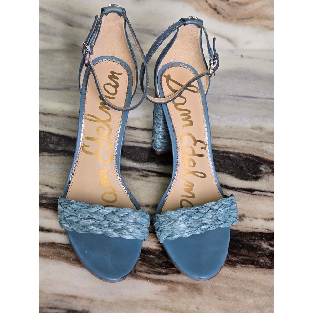 Sam Edelman Blue Leather Braided Raffia Block Heel Sandals Ankle Strap Size 9.5